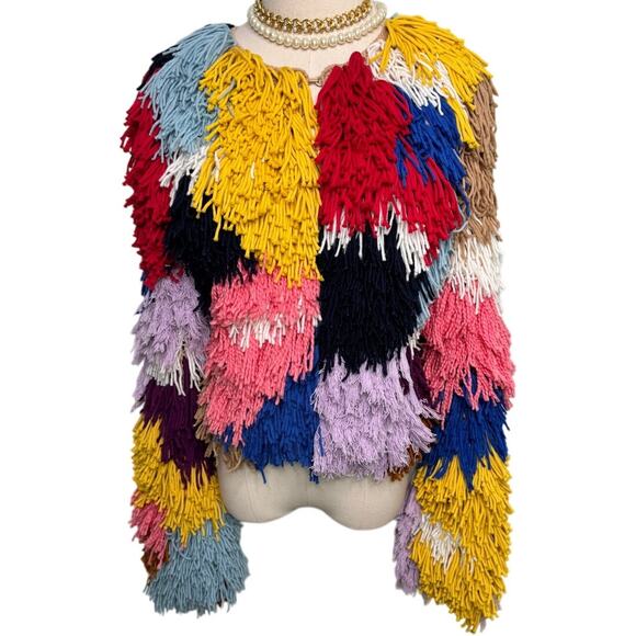 Alice + Olivia Fawn Multicolor Fringe Jacket rainbow yarn crochet size XS - Picture 5 of 12